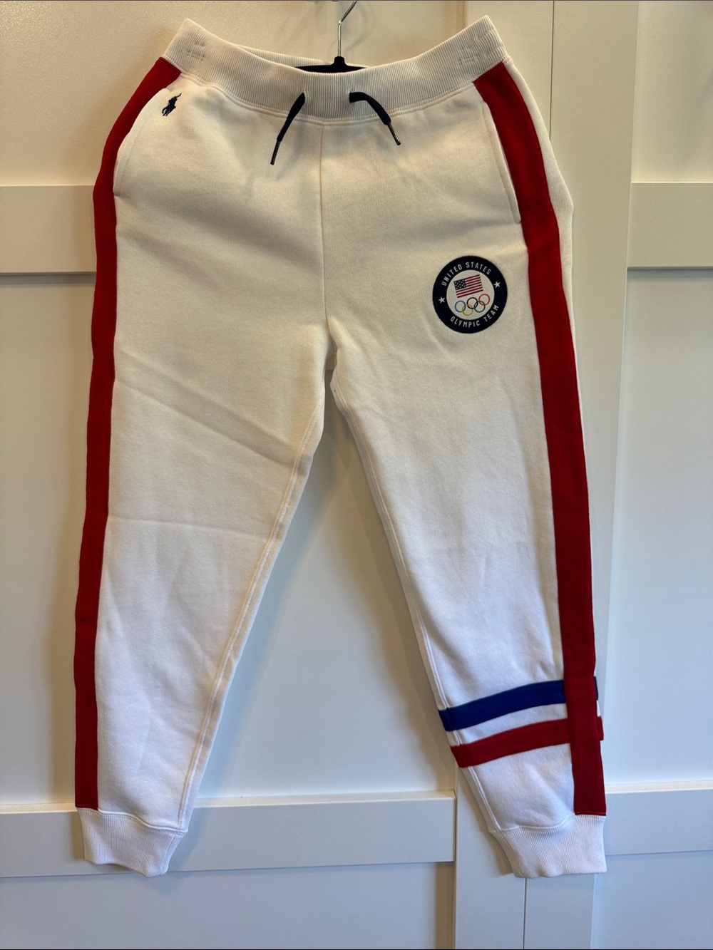 Ralph Lauren White Sweatpants with Red Side Stripes and Olympic Patch